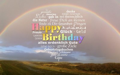 The word happy birthday in a rainbow sky