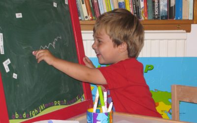 A child drawing on a chalkboard