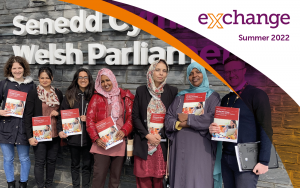 Exchange cover, group of ladies outside Senedd Building